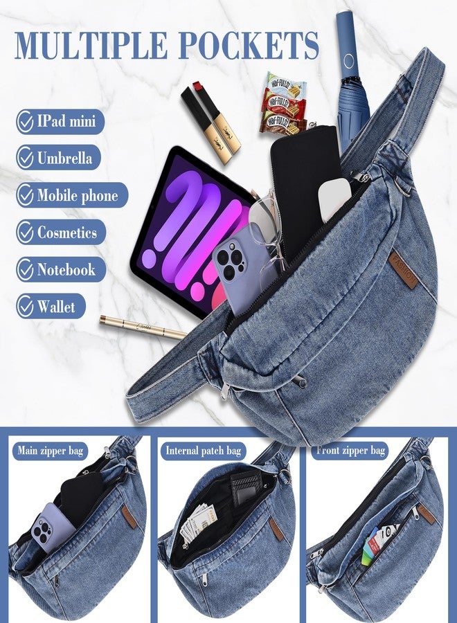 Extolove Denim Fanny Pack Large Chest Bag Jean Purses for Women Denim Purse Crossbody Bags with Adjustable Strap (Light Blue) - Image 4
